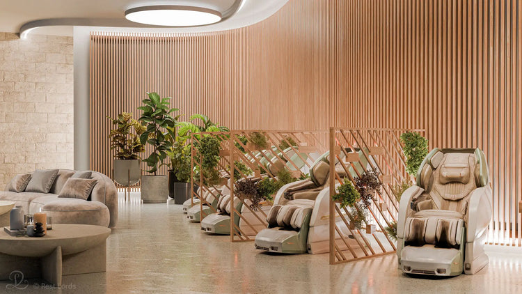 Massage stoelen in een rij met planten en scheidingswanden in Premium massagestoelen.