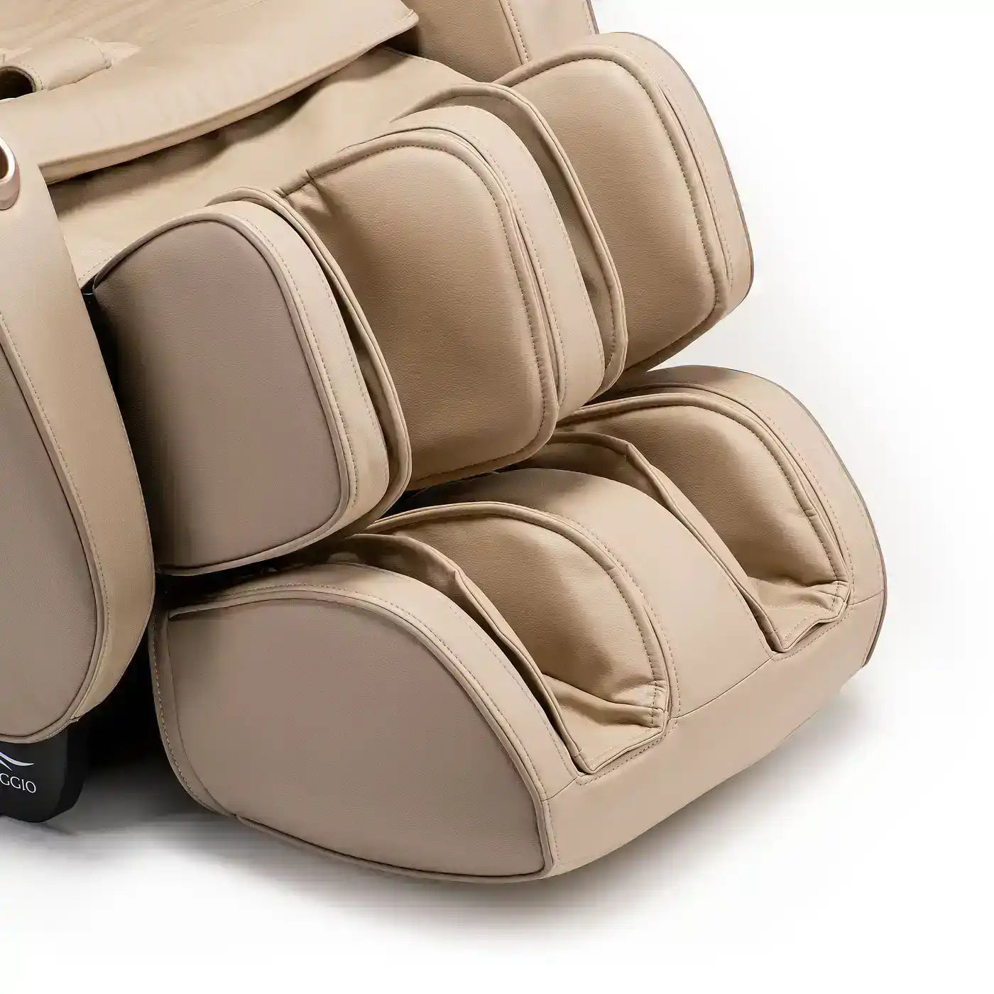Beige leren voet- en kuitmassager met segmenten van kussentjes.