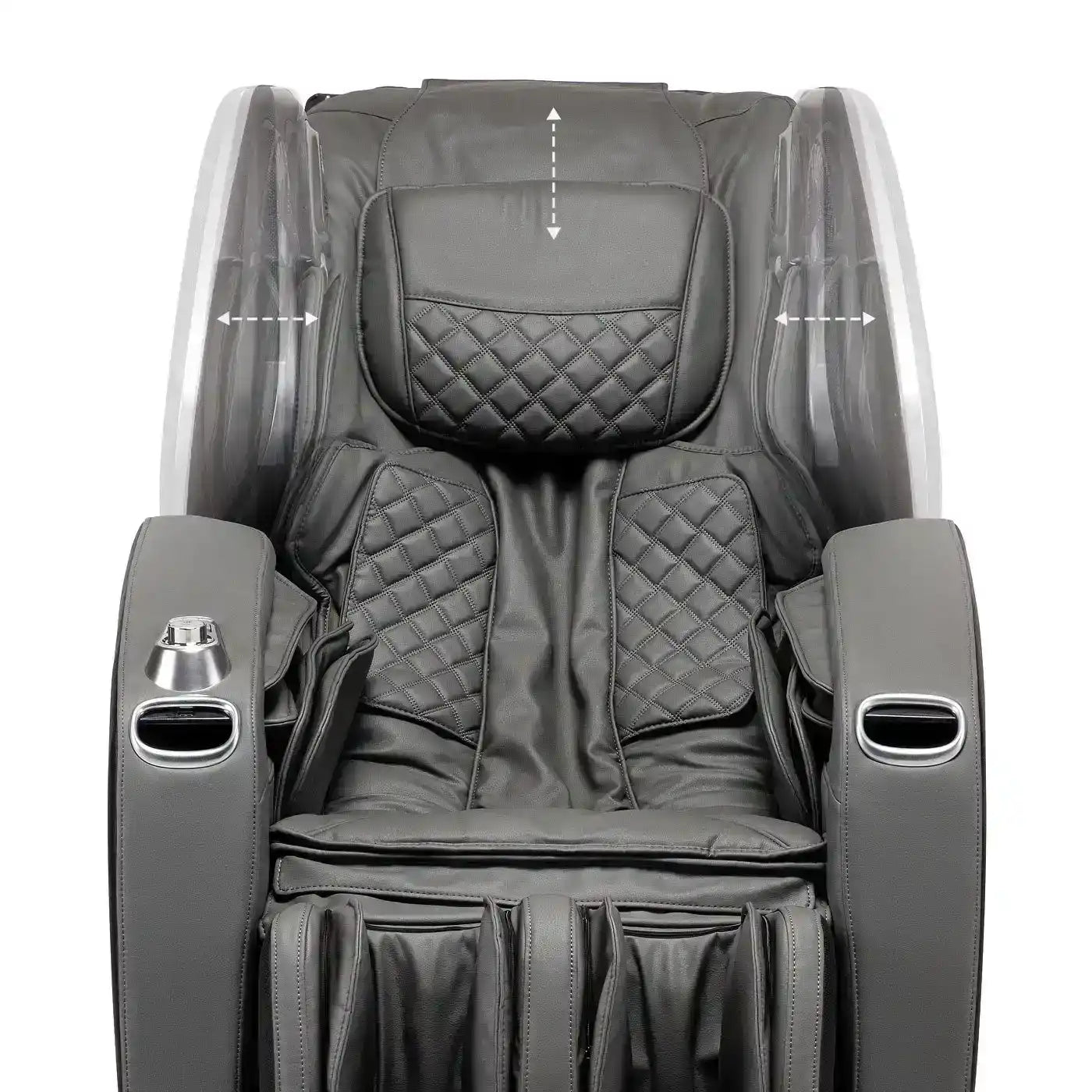 Luxueuze zwarte leren massagestoel met gevoerde bekleding en armsteun bekerhouders.