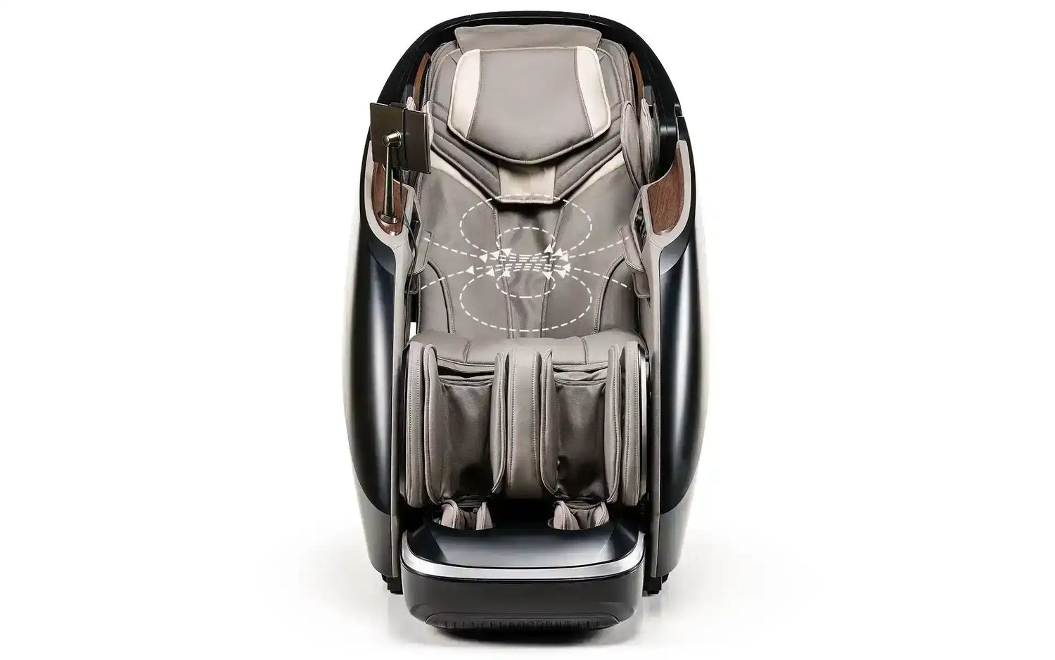 Moderne massagestoel met een slank metallic grijs ontwerp en een gevormde vorm.