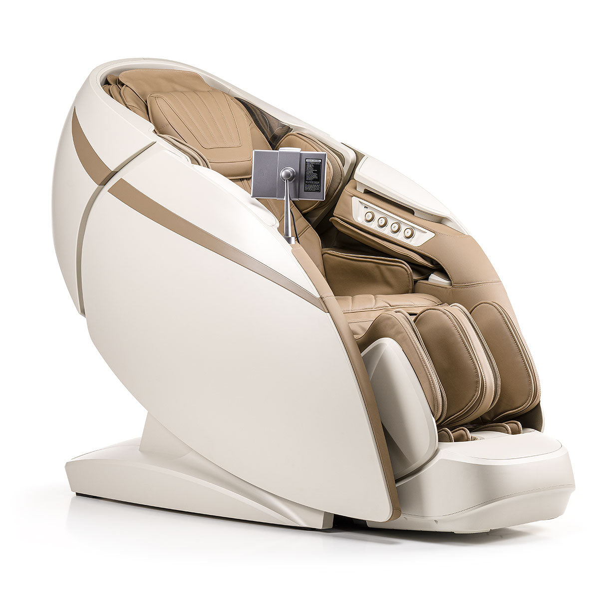 Futuristische iRest Maesthron massagestoel met ei-vormig ontwerp en beige stof