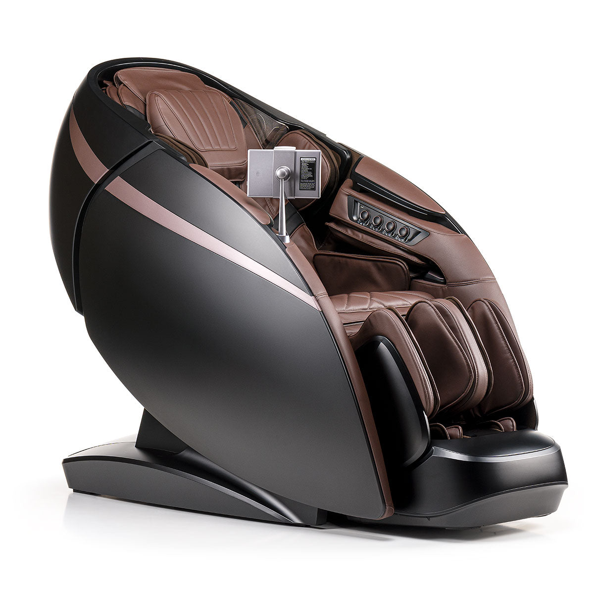 Sleek zwarte en bruine iRest Maesthron massagestoel voor ultieme ontspanning