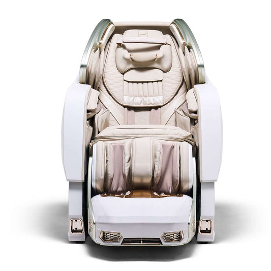 Witte en beige Bodyfriend Phantom Care massagestoel met PEMF-technologie voor pijnverlichting en ontspanning