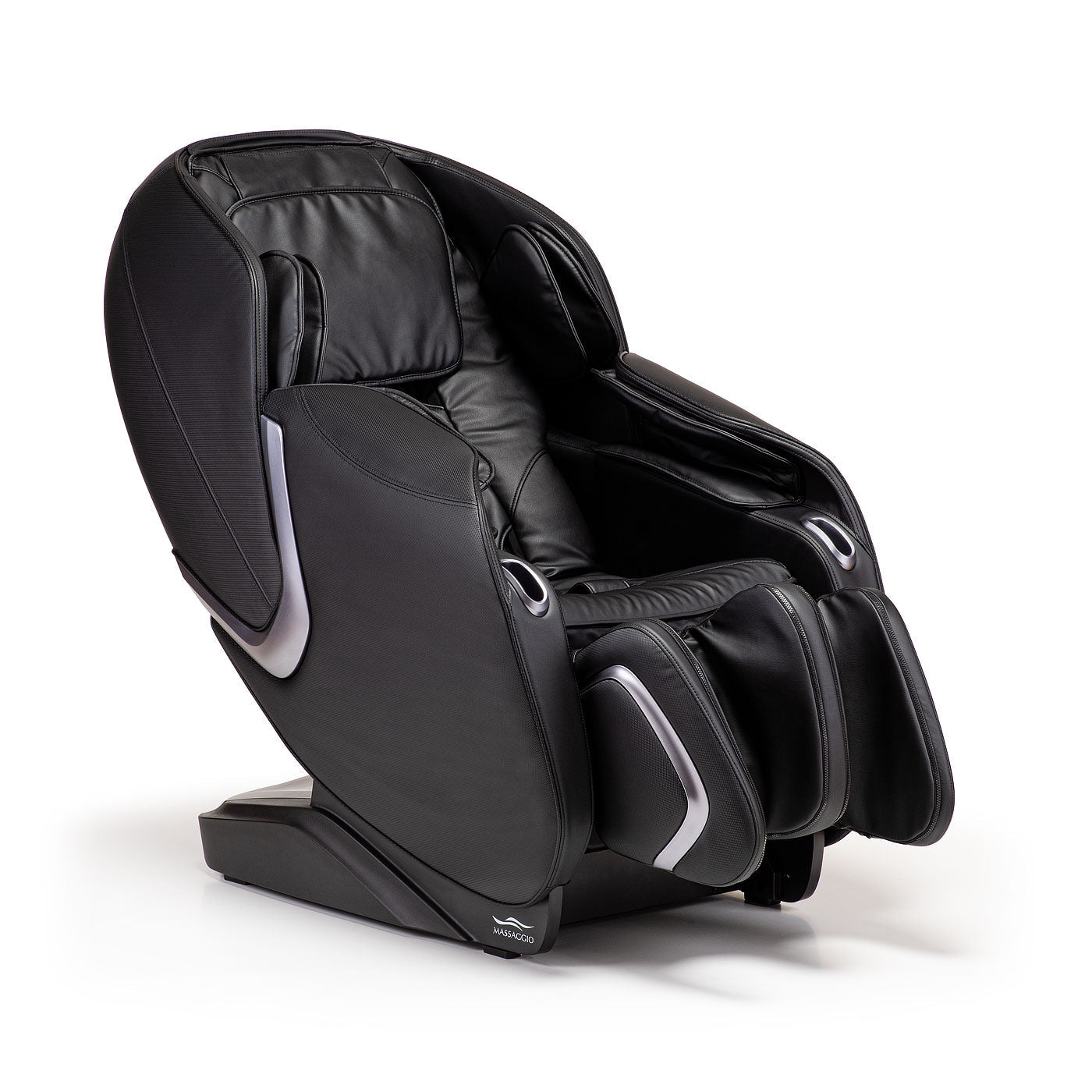 Zwarte leren massagestoel met masserende armen en automatische programma’s voor luxe comfort