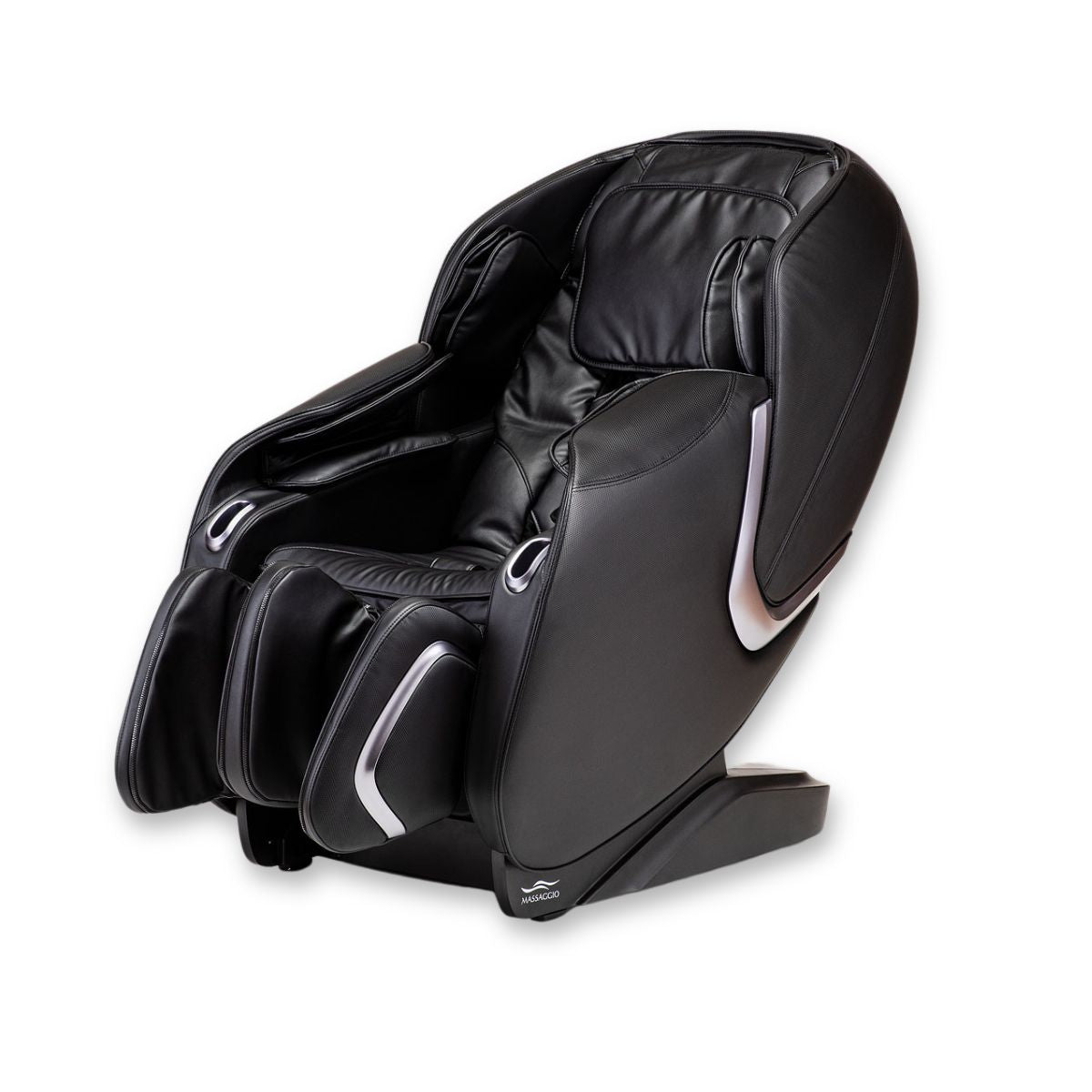 Zwarte leren massagestoel met modern design en masserende armen voor luxe comfort