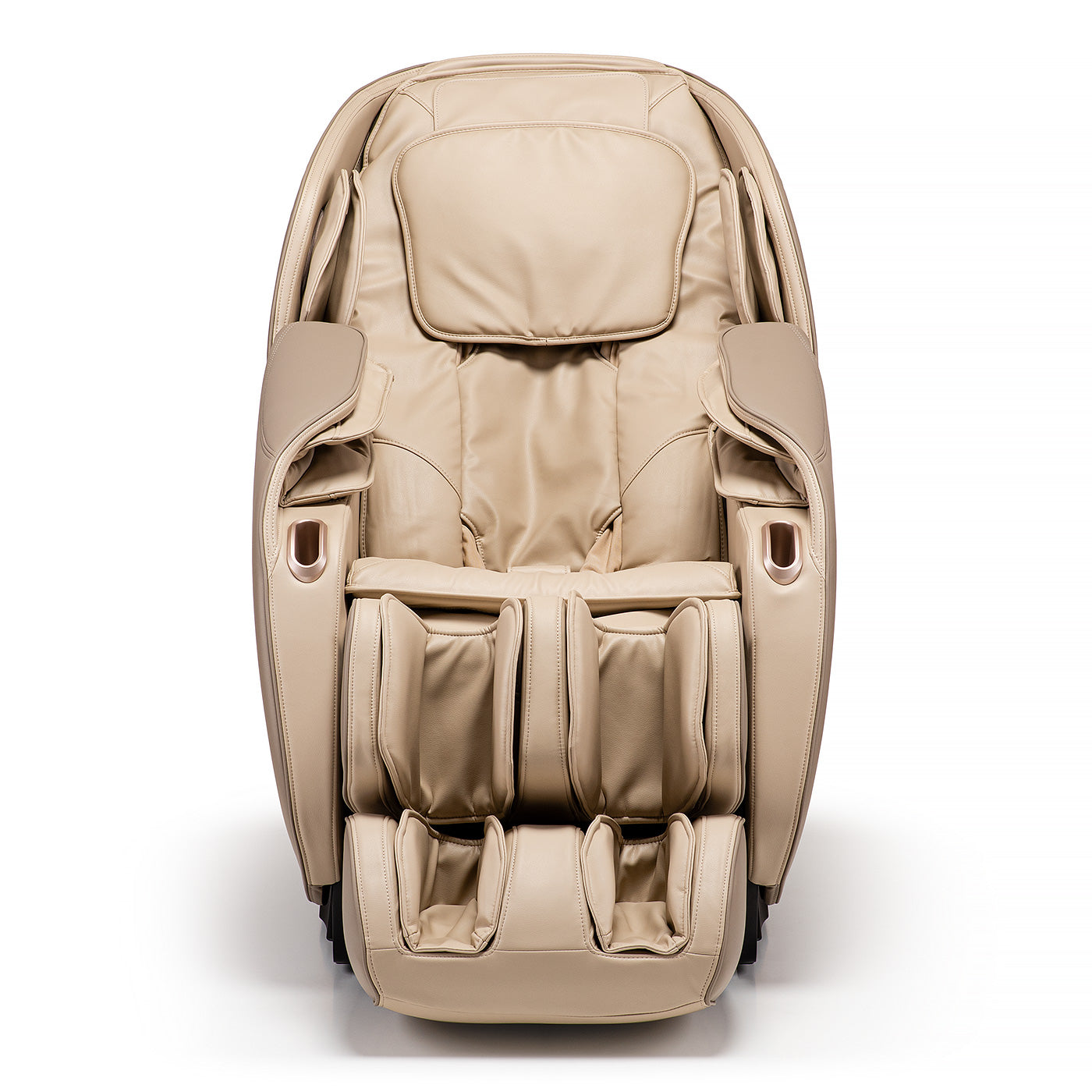 Beige leren massage stoel met hoge rug en masserende armen voor subtiele aanraking