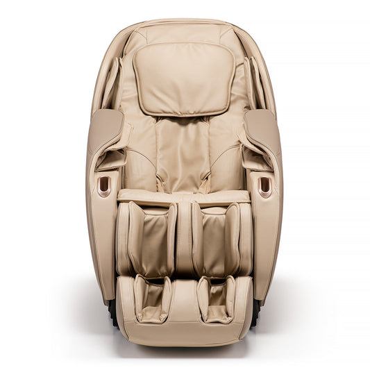 Beige leren massage stoel met hoge rug en masserende armen voor subtiele aanraking