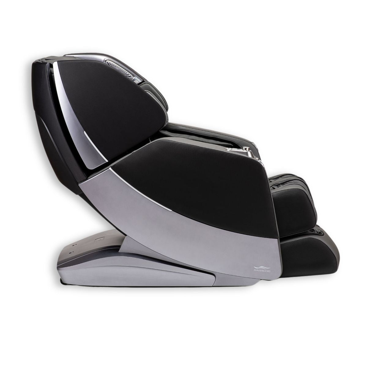 Sleek zwarte en zilveren massage stoel voor ultieme massaggio stravagante in zero gravity