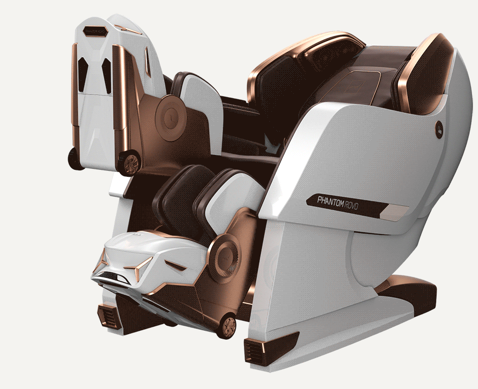 Massagestoel Bodyfriend Phantom Rovo in wit en brons met donkere leren zitting voor luxe ontspanning