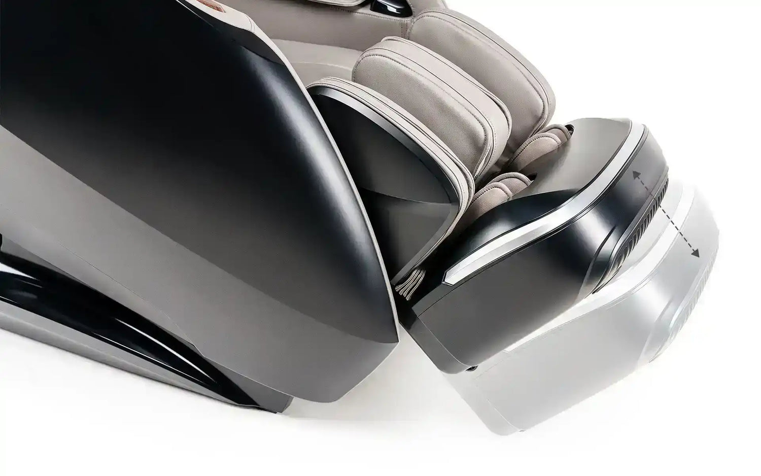 Moderne massage stoel met een slank zwart en zilver ontwerp.