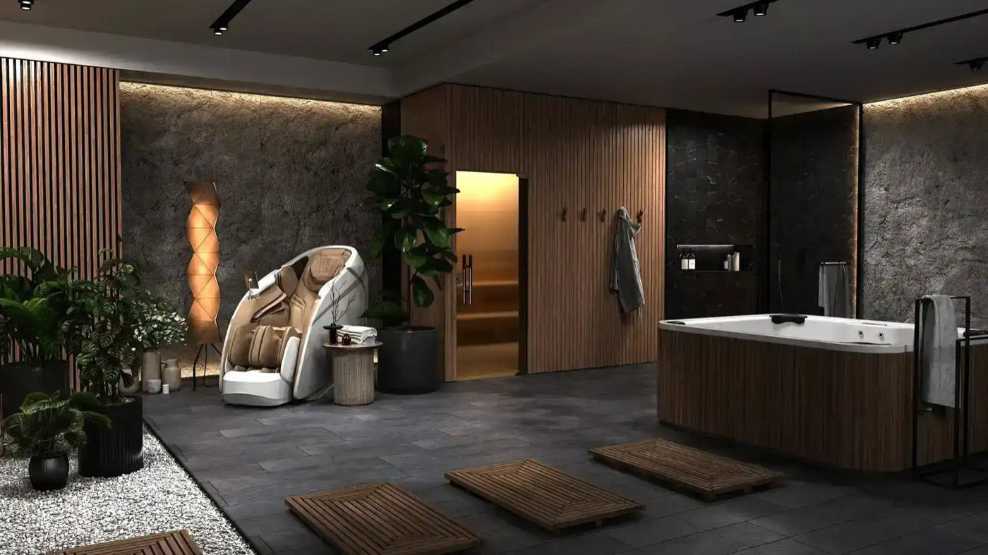 Massagestoel in een hotelspa met stenen wanden en een vrijstaand bad