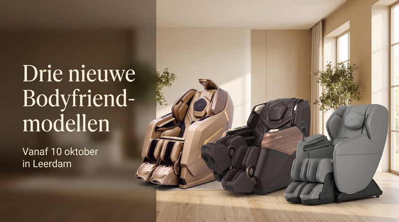 Drie nieuwe Bodyfriend-massagestoelen: Quantum Beauty Capsule, Falcon SV en Carna Rovo – New Comfort showroom