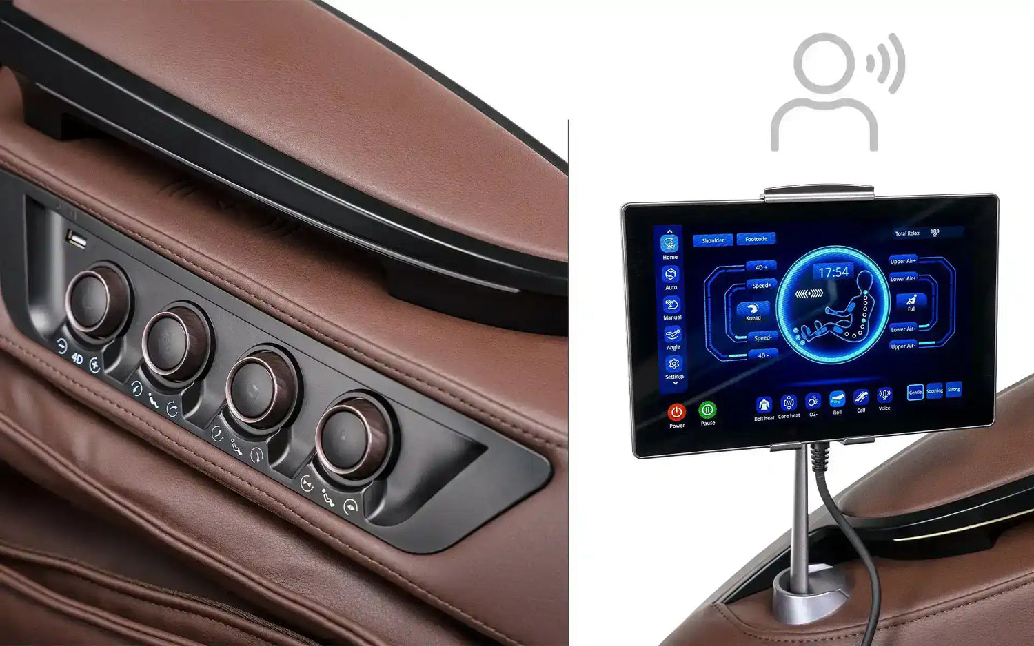 Auto-entertainmentsysteem met bedieningsknoppen en een gemonteerd touchscreen-display dat een blauwe interface toont.