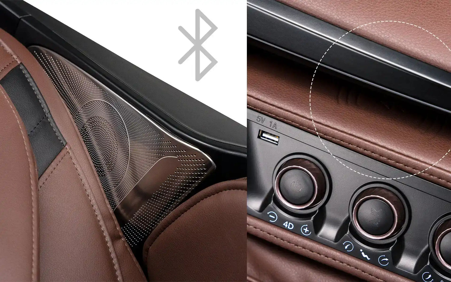 Interieur van de auto met bruin lederen bekleding, luidsprekers en een Bluetooth-symbool.