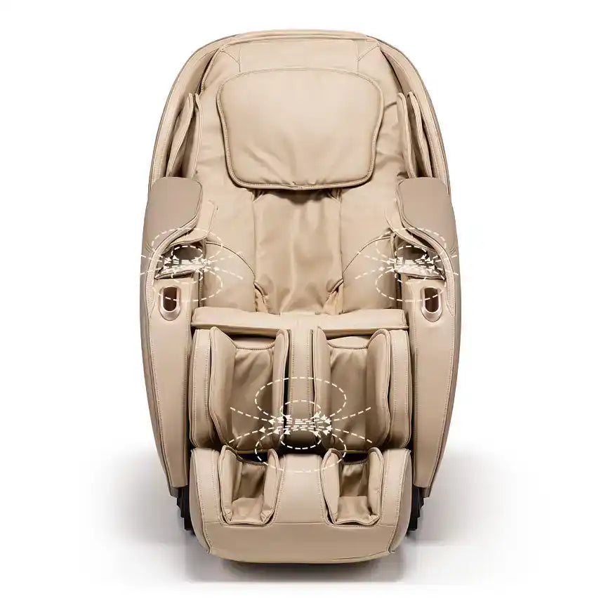 Beige leren massagestoel met meerdere airbags en gevoerde secties.