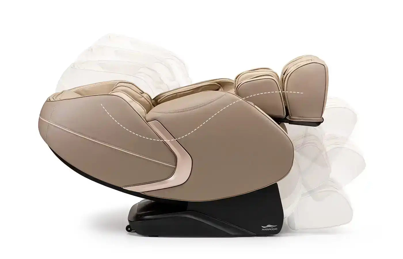 Beige leren massagestoel met kantelmogelijkheden en ergonomisch ontwerp.