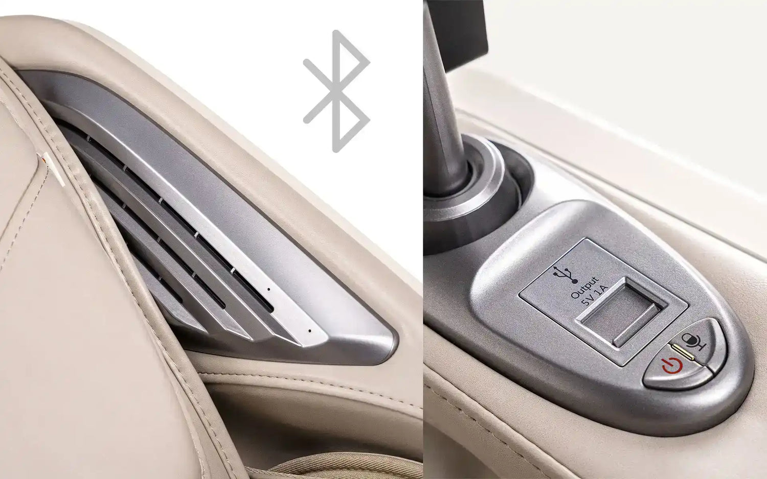 Bluetooth-bedieningspaneel geïntegreerd in een beige leren autosteun.