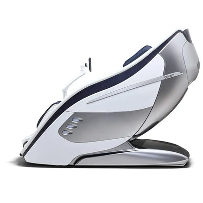 Sleek BODYFRIEND DAVINCI massagechair in wit en marineblauw met geavanceerde massageprogramma’s