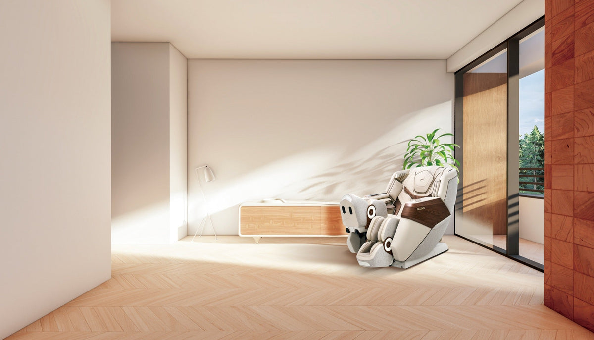 De Bodyfriend Falcon SV in een woonkamer met warme materialen
