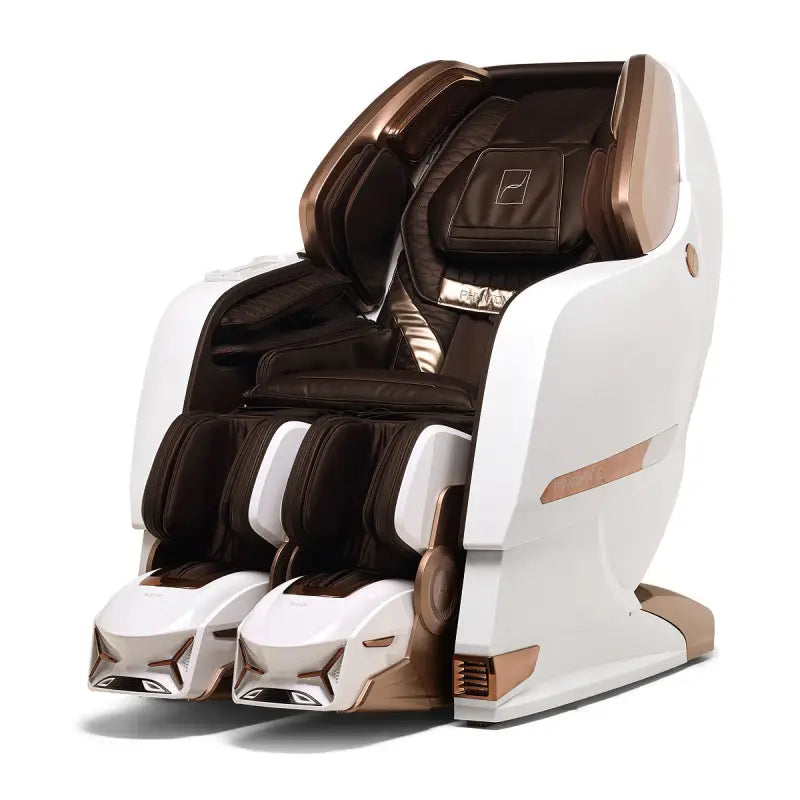 High-end Bodyfriend Phantom Rovo massagestoel met witte buitenkant en bruin accent, zero gravity