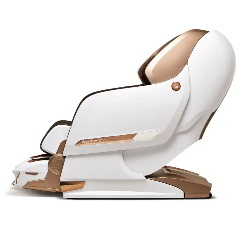 Soepele witte en gouden Phantom Rovo massagestoel met ergonomisch ontwerp en zero gravity