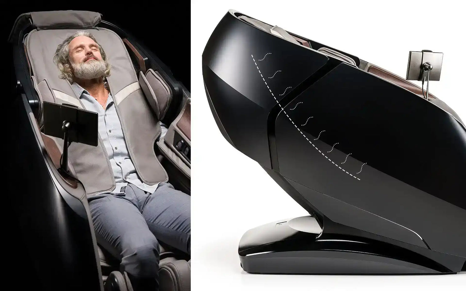 Luxe massagechair met slank zwart leren bekleding en modern design.