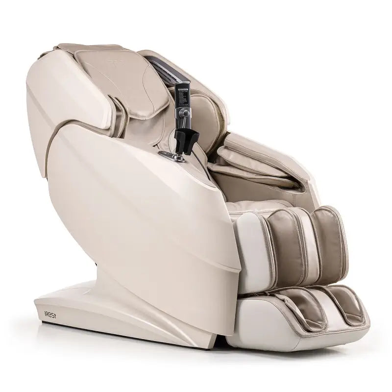 Luxueuze beige leren massagechair iRest Grandease met natuurlijke vorm en automatische programma’s