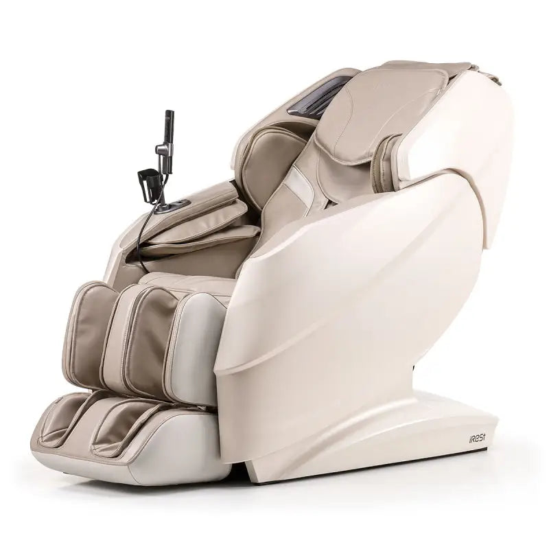 Luxueuze beige iRest Grandease massage stoel met moderne natuurlijke vorm en automatische programma’s