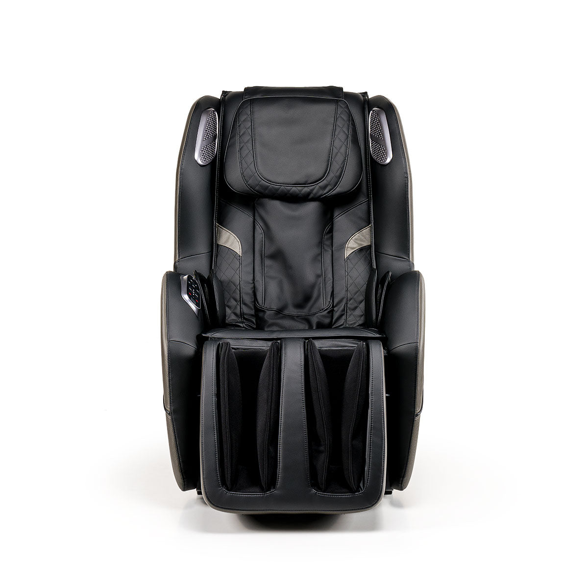 Zwart lederen massagestoel met hoge rugleuning en armleuningen, iREST EASYQ