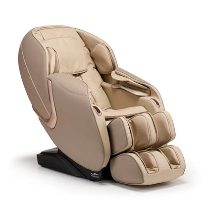 Luxueuze beige leren massagestoel met ergonomisch ontwerp en subtiele aanraking