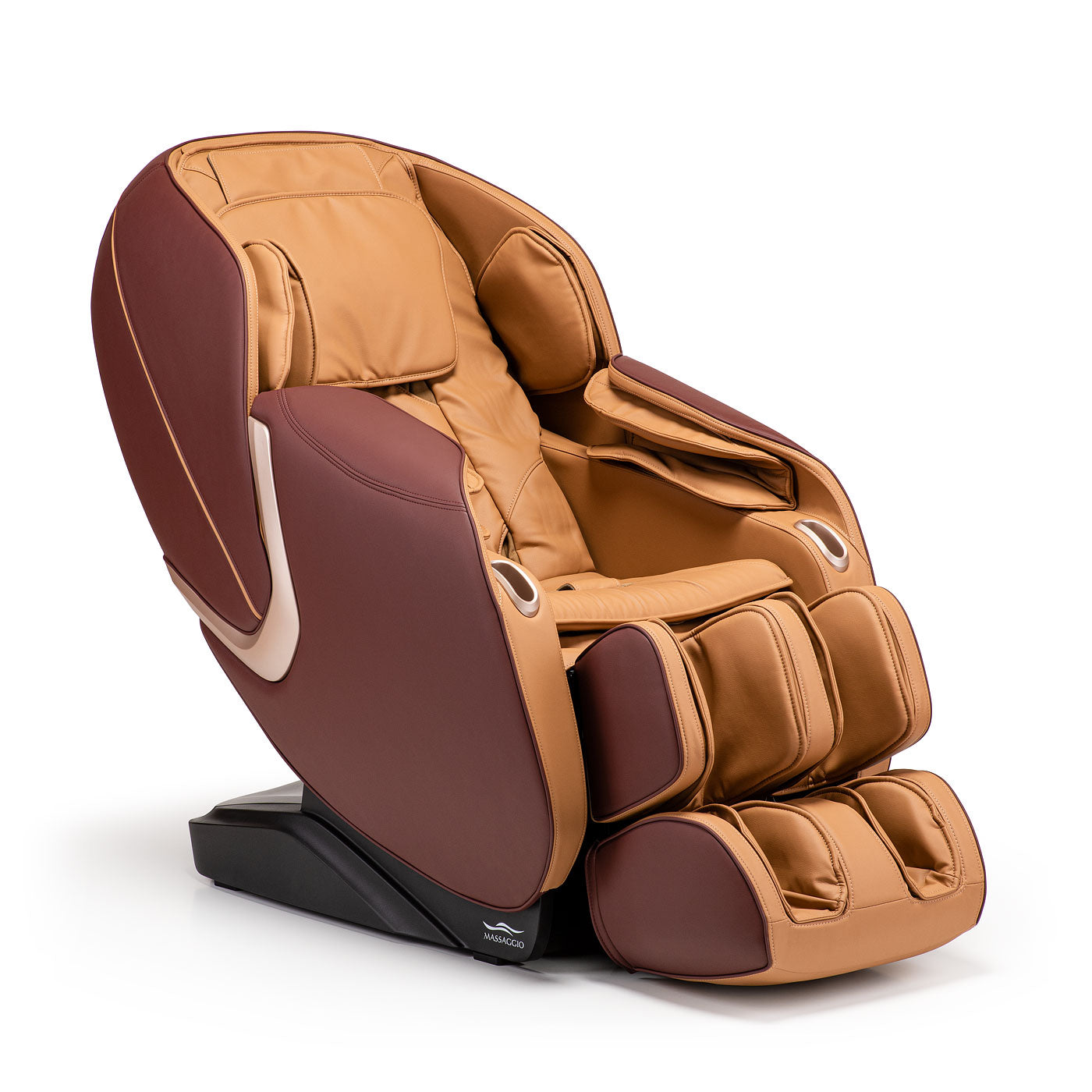 Luxueuze massage fauteuil met bruin en tan leer, perfecte subtiele aanraking in zero gravity