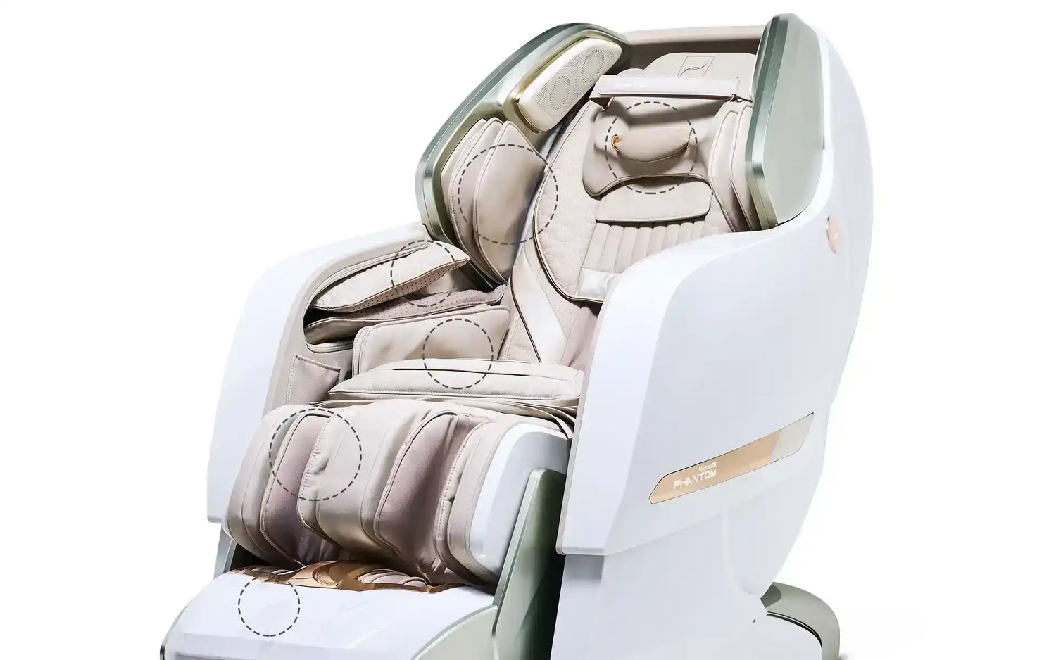 Moderne massagestoel met witte buitenkant en beige bekleding.