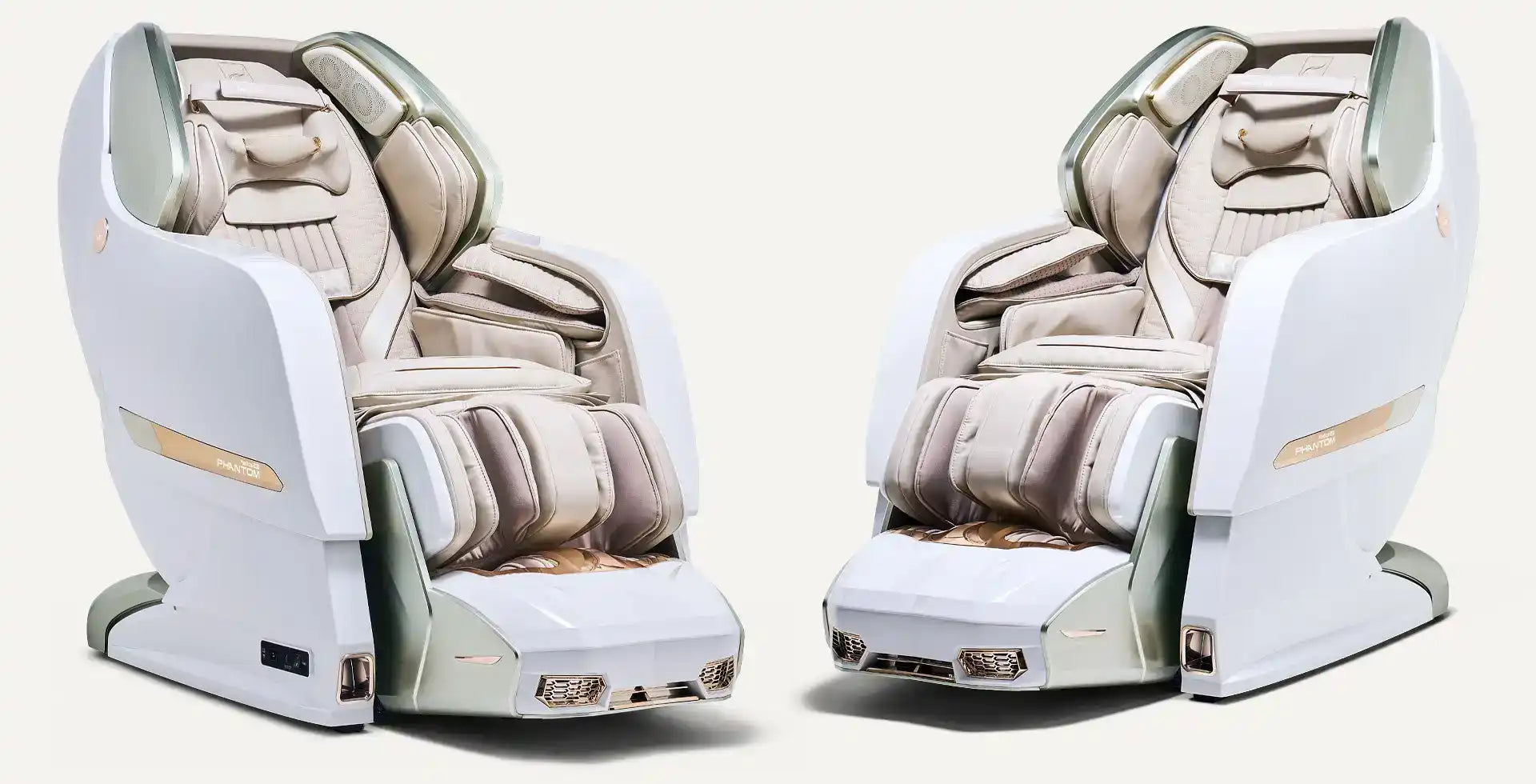 Moderne massagefauteuils met witte buitenhuiden en beige bekleding.