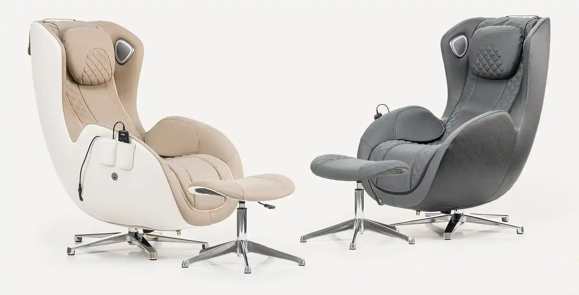 Moderne verstelbare stoelen met bijpassende voetensteunen in beige en grijze kleuren.