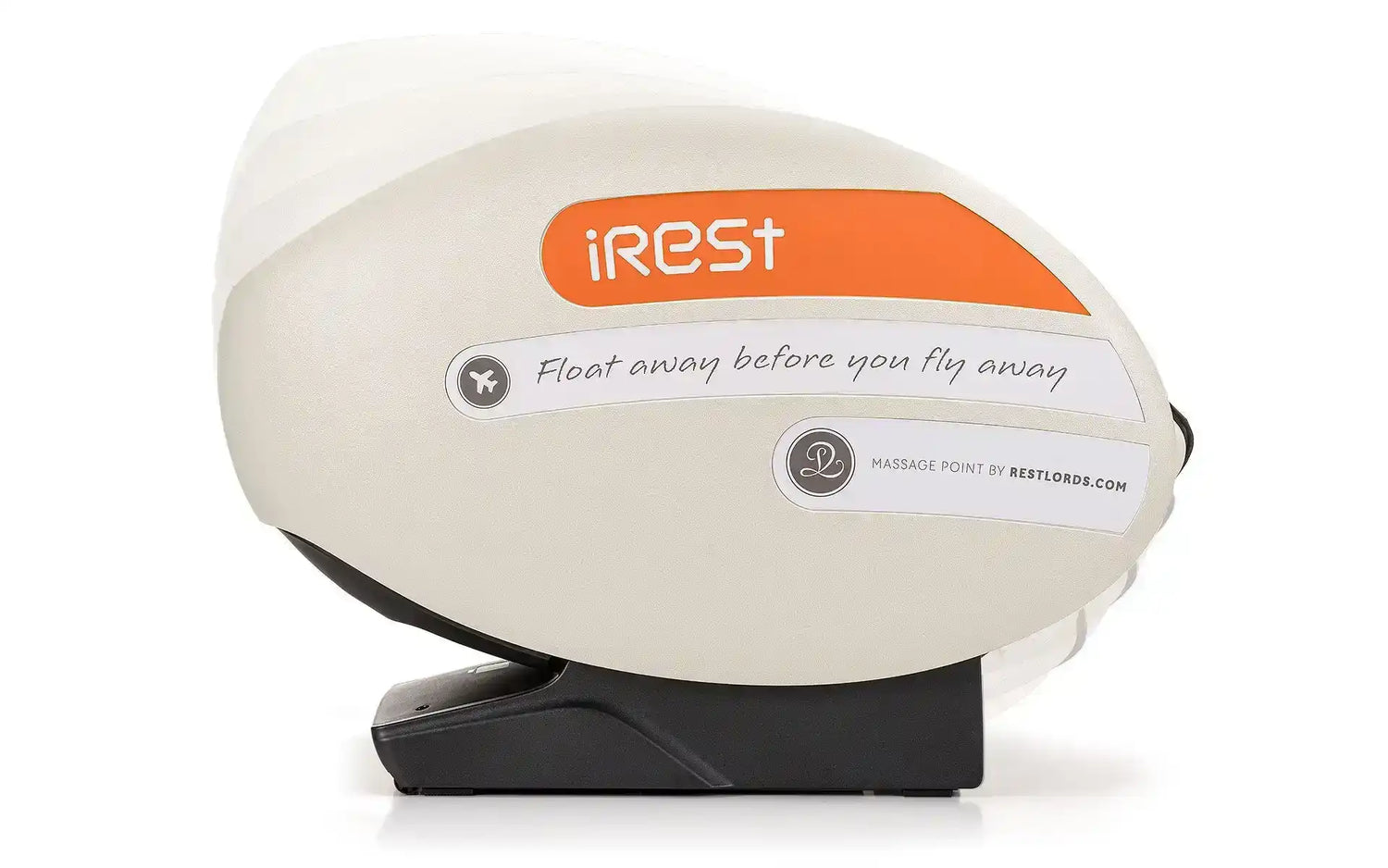 Wit iRest-massagedevice met oranje logo gemonteerd op een zwarte basis.