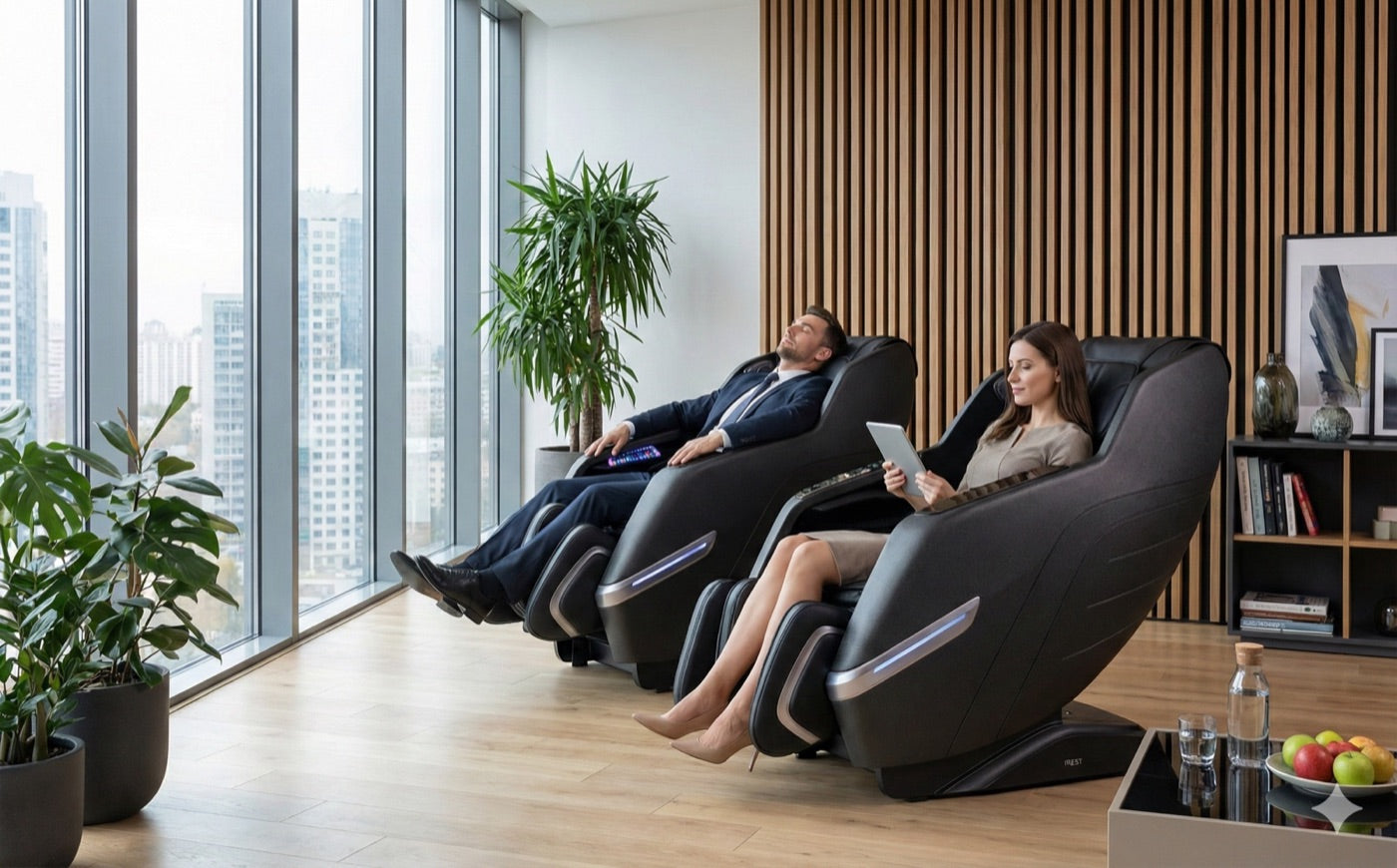 Twee collega’s ontspannen in massagestoelen op kantoor met uitzicht over de stad